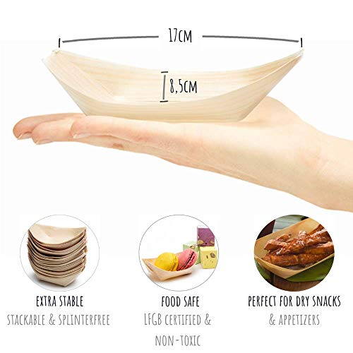 Plantvibes Platos de Madera en Forma de Barco, 100% compostable & CO2-neutral - 100 Botes ecológicos tamaño L - Vajillas Desechables, Bandejitas Desechables para Aperitivos y Tapas