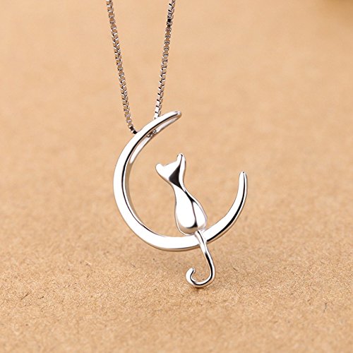 Plata de Ley 925 Colgante Collar Mujer, Joyeria Collares Colgante Gato y Luna, Collares de plata para mujer/niña, Colgantes Luna Mujer Plata- Cadena 40+5cm con Caja de Regalo