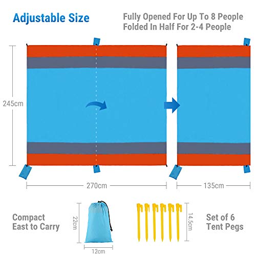 Playa Manta Arena Libre XXL 270 x 245 cm Picnic Camping – Manta Toalla de Playa Bolsa de portátil Impermeable con 6 Funda y 6 Tienda stöpse Secado rápido para Picnic, Playa, Senderismo y Camping