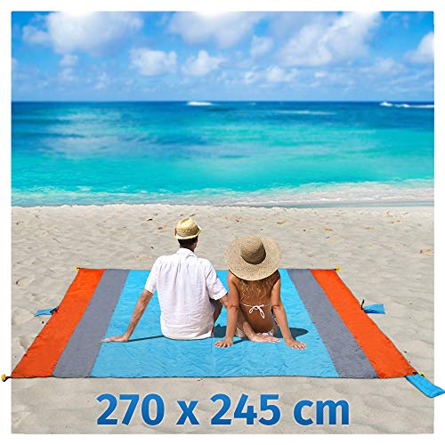 Playa Manta Arena Libre XXL 270 x 245 cm Picnic Camping – Manta Toalla de Playa Bolsa de portátil Impermeable con 6 Funda y 6 Tienda stöpse Secado rápido para Picnic, Playa, Senderismo y Camping