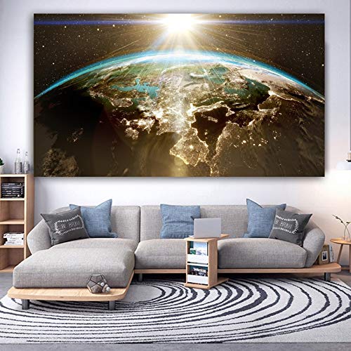 PLjVU Paisaje Impresión Mural Arte Tierra Universo Estrellas Lienzo Pintura Mural Sala de Estar Decoración del hogar-Sin Marco