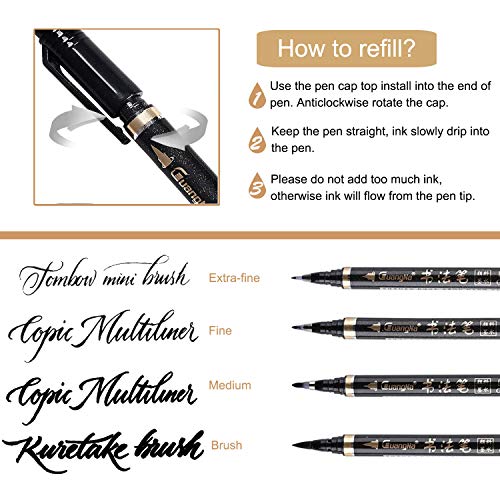 Plumas de caligrafía, Pincel Rotulador Vakki 6PCS Rotuladores de mano recargables para escribir, rotular, firma (4 tamaños)