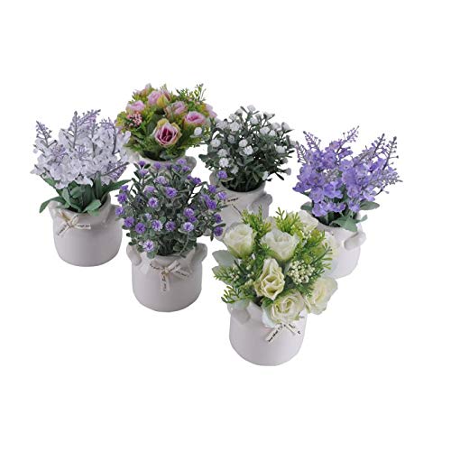 PNNP Pequeña Flores Artificiales Decoracion, Plantas Artificiales Decorativas Cerámica en Macetas 6Pcs, Planta Artificial Adecuado para El Hogar Oficina Decoración Baño Cocina Balcón