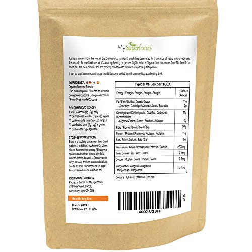 Polvo Orgánico de Cúrcuma (500g), MySuperFoods, Alta concentración de Vitamina C, Calcio, Magnesio, Potasio
