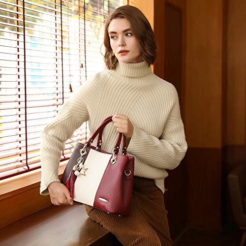 Pomelo Best Bolsos de Mujer, Bolso Señora Tote Multicolor Rayas PU Cuero Con Flecos Bolso Hombro Bolso Shopper perfecto para Trabajo, Diario Vida, Navidad y Fiesta ect (Rojo burdeos)