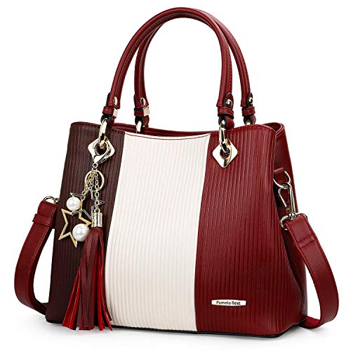 Pomelo Best Bolsos de Mujer, Bolso Señora Tote Multicolor Rayas PU Cuero Con Flecos Bolso Hombro Bolso Shopper perfecto para Trabajo, Diario Vida, Navidad y Fiesta ect (Rojo burdeos)
