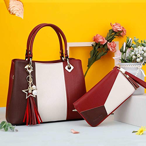 Pomelo Best Bolsos de Mujer, Bolso Señora Tote Multicolor Rayas PU Cuero Con Flecos Bolso Hombro Bolso Shopper perfecto para Trabajo, Diario Vida, Navidad y Fiesta ect (Rojo burdeos)