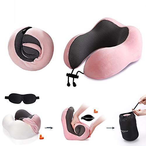 PON Almohada de Viaje Viscoelástica de Espuma de Memoria con Funda Lavable y Bolsa de Viaje Suave para el Cuello Soporte Cervical Ideal para el Uso del Avión y el Hogar (Rosa)