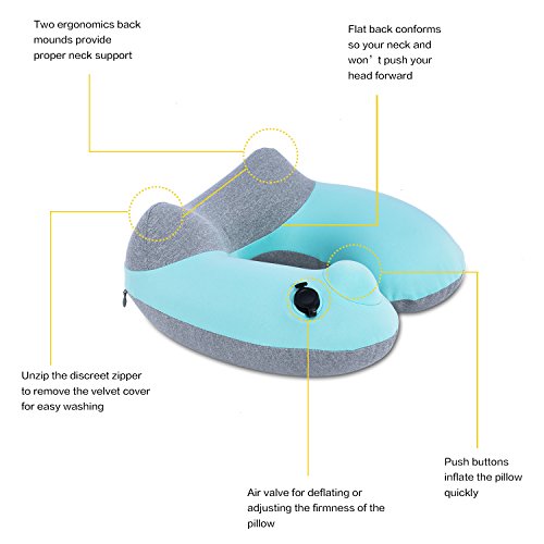 Portable Almohada de Viaje de Bolsas de Aire, Kmall Almohada Cervical Inflable de, Desmontable y Lavable, Soporte para Cabeza, Barbilla y Cuello en Avión, Coche y Tren (Azul)