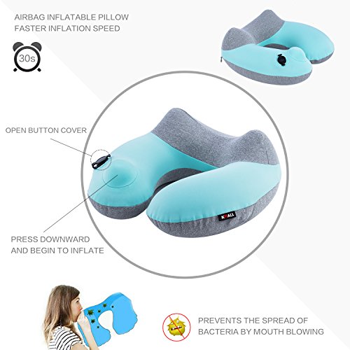 Portable Almohada de Viaje de Bolsas de Aire, Kmall Almohada Cervical Inflable de, Desmontable y Lavable, Soporte para Cabeza, Barbilla y Cuello en Avión, Coche y Tren (Azul)