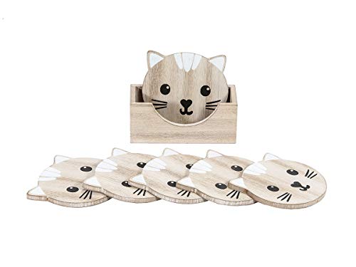 Posavasos Originales de Madera de Gato, Juego de 6 Natural, Regalo para los Amantes de los Gatos