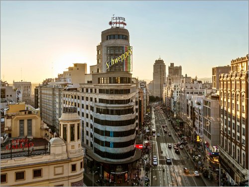 Posterlounge Lienzo 90 x 70 cm: Gran Via at Sunset de Matteo Colombo - Cuadro Terminado, Cuadro sobre Bastidor, lámina terminada sobre Lienzo auténtico, impresión en Lienzo