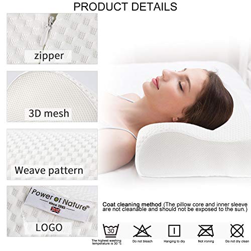 Power Of Nature Almohada Cervical Viscoelastica - Almohada Ortopedica Diseño Ergonómico Terapéutico Reduce Dolores Cervicales, Funda de Extraíble y Lavable 60 * 35CM