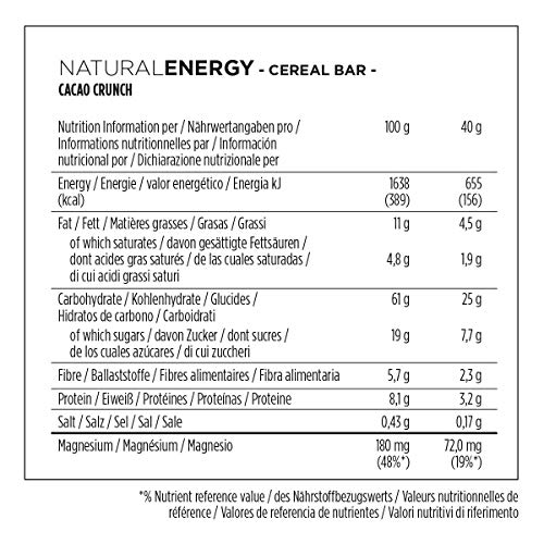 PowerBar Natural Energy Cereal Cacao Crunch 24x40g - Barras de Energía de Carbohidratos Veganos + Magnesio