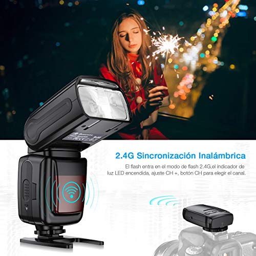 Powerextra Pantalla LCD Flash Speedlite, 2.4G Kit de Transmisor de Disparador de Flash Inalámbrico para Canon Nikon Pentax Panasonic Olympus y Sony DSLR Cámara, Cámaras Digitales con Zapata Estándar