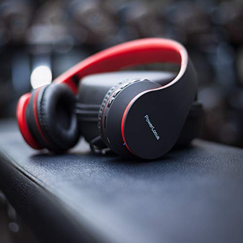 PowerLocus P1 – Auriculares Bluetooth inalambricos de Diadema Cascos Plegables, Casco Bluetooth con Sonido Estéreo con Conexión a Bluetooth Inalámbrico y Cable para Movil, PC, Tablet - Negro/Rojo
