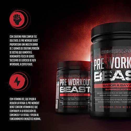 Pre Workout Beast (Sabor Frutas del Bosque) - Suplemento Potente pre-Entreno con Creatina, Cafeína, Beta-Alanina y Glutamina (Envase de 306 Gramos - 40 Porciones)