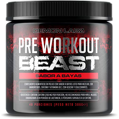 Pre Workout Beast (Sabor Frutas del Bosque) - Suplemento Potente pre-Entreno con Creatina, Cafeína, Beta-Alanina y Glutamina (Envase de 306 Gramos - 40 Porciones)