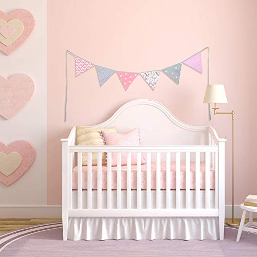 PREMYO Banderines de Tela Infantiles - Guirnaldas Decoración Habitación Bebé Niña - Triángulos Colores Rosa Gris