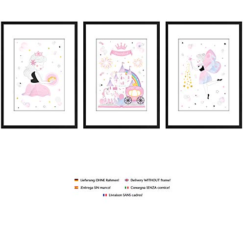 PREMYO Cuadros Infantiles Habitación Niña - Láminas Decorativas para Enmarcar - 3 Póster Princesa Castillo Rosa A4