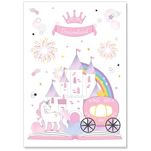 PREMYO Cuadros Infantiles Habitación Niña - Láminas Decorativas para Enmarcar - 3 Póster Princesa Castillo Rosa A4