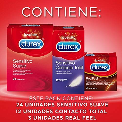 Preservativos Durex Pack Mixto Sensitivo Suave + Sensitivo Contacto Total + Real Feel + Lubricante Intimo Fresa - 39 condones + 50ml