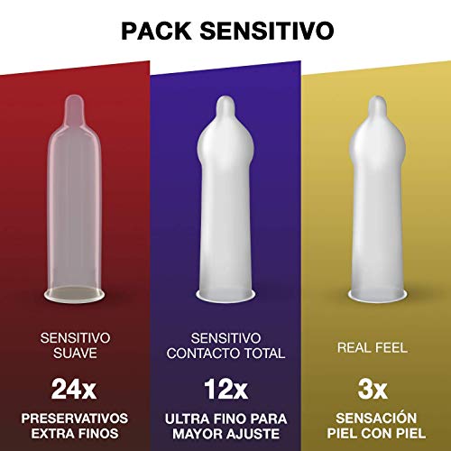 Preservativos Durex Pack Mixto Sensitivo Suave + Sensitivo Contacto Total + Real Feel + Lubricante Intimo Fresa - 39 condones + 50ml