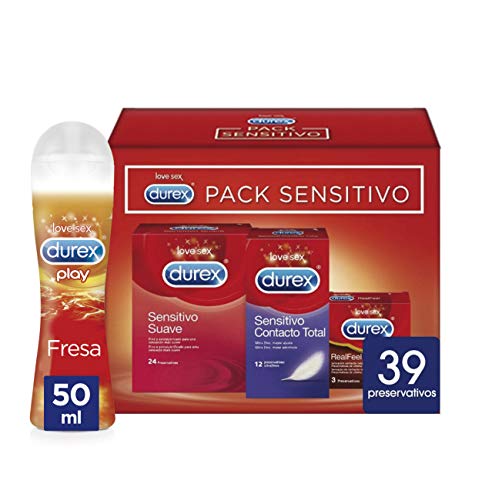 Preservativos Durex Pack Mixto Sensitivo Suave + Sensitivo Contacto Total + Real Feel + Lubricante Intimo Fresa - 39 condones + 50ml