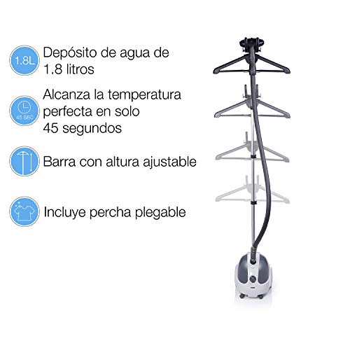 Princess 332834 Plancha de vapor, barra para colgar ajustable, calienta en 45 segundos, mata las bacterias y los ácaros del polvo, puede usarse para hacer productos hipoalergénicos, 1500 W