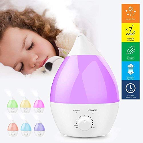 Pritech - Humidificador Ultrasónico de 1,5L y Difusor de Aroma, No Ruido Ultrasilencioso y Autoapagado en Forma Lágrima, 7-Color LED, Ideal para Dormitorio, Hogar, Oficina, Baño, Bebé