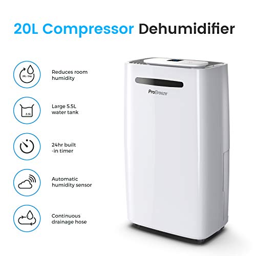 Pro Breeze Deshumidificador 20L, Pantalla Digital, Drenaje Continuo, Portátil, con 4 Modos de Uso, Temporizador y Secadora de Ropa