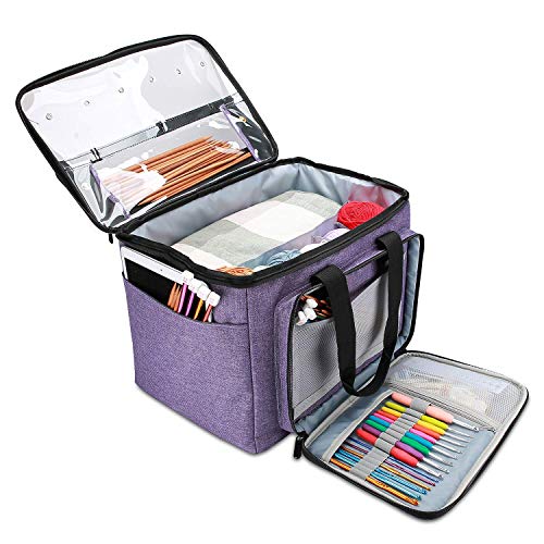 ProCase Bolsa Almacenaje Grande para Tejer (Bolsa Sola SIN Accesorios), Bolso de Gran Capacidad Sin Tapa con Divisor Interno para Guardar Hilos, Ganchillos de Crochet, Madeja, Ovillo, Agujas -Lila