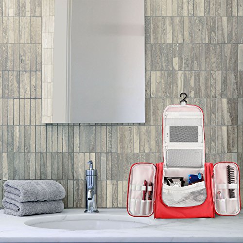 ProCase Neceser de Viaje con Gancho Colgante, Bolsas de Aseo Organizador de Viaje para Accesorios, Maquillaje, Champú, Cosméticos, Artículos Personales, Almacenamiento de Aseo con Colgador -Rojo