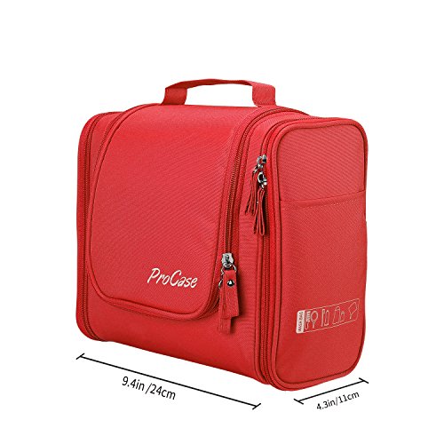 ProCase Neceser de Viaje con Gancho Colgante, Bolsas de Aseo Organizador de Viaje para Accesorios, Maquillaje, Champú, Cosméticos, Artículos Personales, Almacenamiento de Aseo con Colgador -Rojo