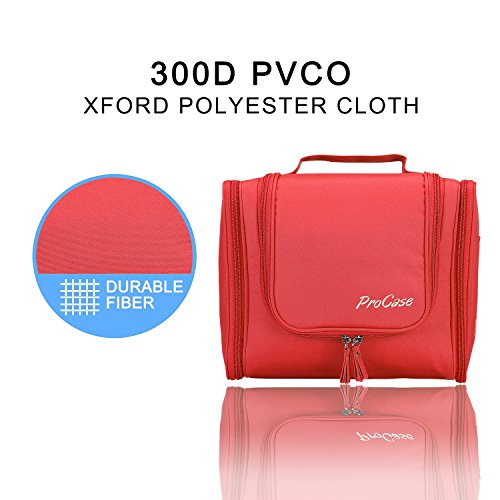 ProCase Neceser de Viaje con Gancho Colgante, Bolsas de Aseo Organizador de Viaje para Accesorios, Maquillaje, Champú, Cosméticos, Artículos Personales, Almacenamiento de Aseo con Colgador -Rojo