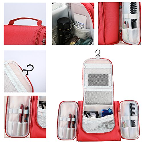 ProCase Neceser de Viaje con Gancho Colgante, Bolsas de Aseo Organizador de Viaje para Accesorios, Maquillaje, Champú, Cosméticos, Artículos Personales, Almacenamiento de Aseo con Colgador -Rojo