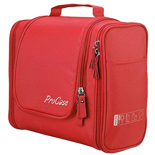 ProCase Neceser de Viaje con Gancho Colgante, Bolsas de Aseo Organizador de Viaje para Accesorios, Maquillaje, Champú, Cosméticos, Artículos Personales, Almacenamiento de Aseo con Colgador -Rojo