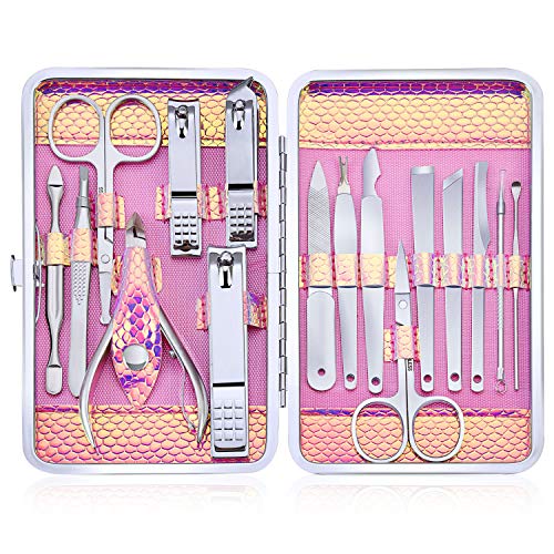 Profesional Cortaúñas Acero Inoxidable Grooming Kit - Set de 16 Piezas para Manicura y Pedicura Limpiador Cutícula con Bonita Caja (Rosa)
