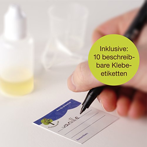 ProfessionalTree® Botellas para líquido con Sistema de Goteo 10x30 ml. con Embudo de medición - 10 Etiquetas - para conservar líquidos - Seguro para niños - Calidad LDPE