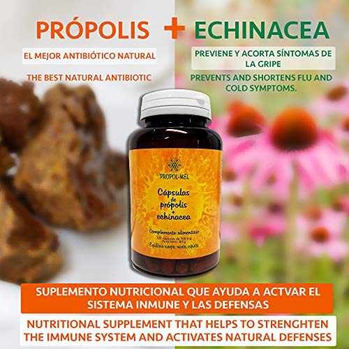 Propolis capsulas + Echinacea I 120 cápsulas x 500 mg = 350 mg Propoleo + 150 mg Equinacea I Suplemento nutricional que ayuda a activar el sistema inmune y las defensas.