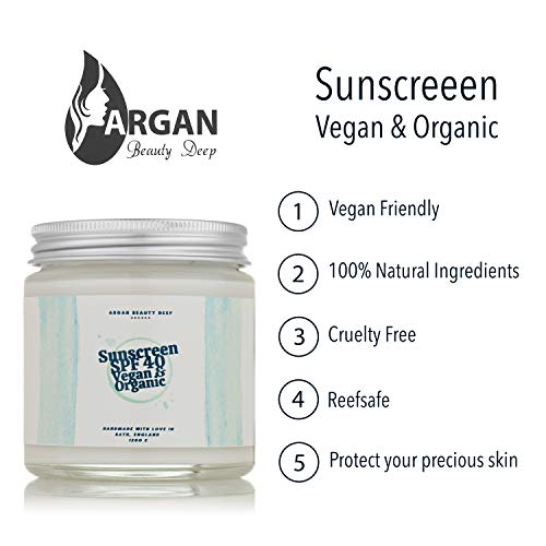 Protector solar vegano y orgánico en frasco de vidrio/SPF 40 / Hecho a mano/Adultos y niños/Proteja su piel de los rayos dañinos del sol