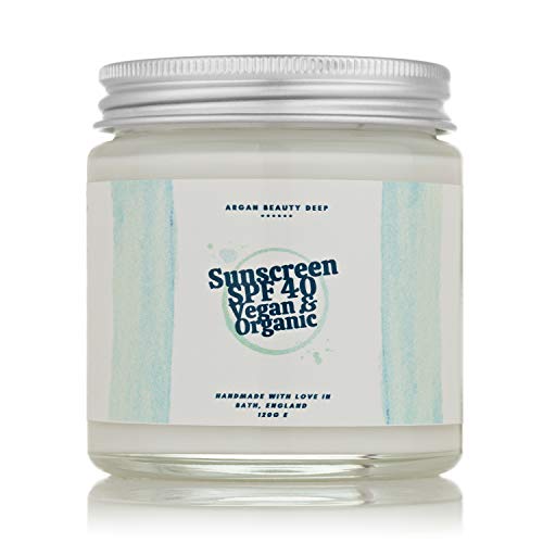 Protector solar vegano y orgánico en frasco de vidrio/SPF 40 / Hecho a mano/Adultos y niños/Proteja su piel de los rayos dañinos del sol