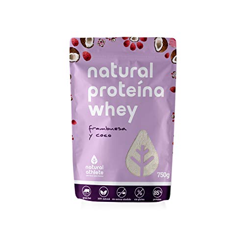 Proteína Whey Frambuesa/Coco Natural Athlete Aislado de Suero de Leche de Vacas de Pastoreo Sin Azúcar Añadido, 100% Natural, Sin Gluten – 750 g