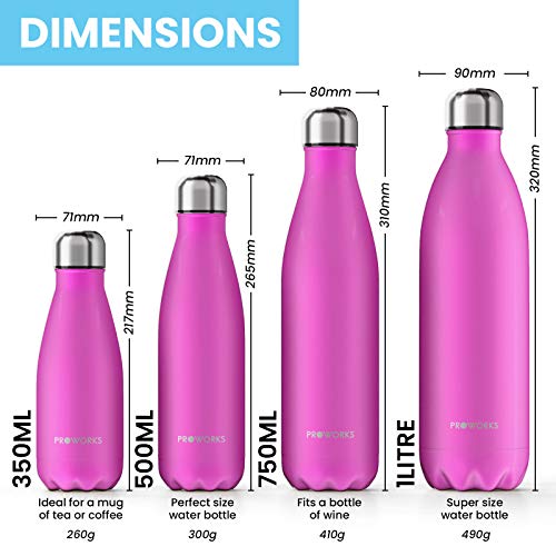 Proworks Botellas de Agua Deportiva de Acero Inoxidable | Cantimplora Termo con Doble Aislamiento para 12 Horas de Bebida Caliente y 24 Horas de Bebida Fría - Libre de BPA - 750ml – Rosa