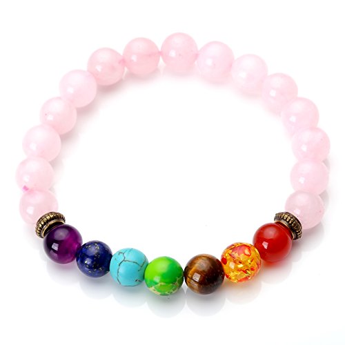 Pulsera de cuarzo rosa para mujeres Jovivi de 7 chakras, curativa y equilibradora, para reiki y yoga