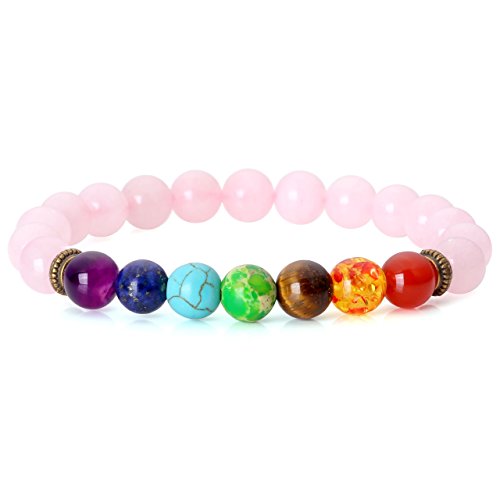 Pulsera de cuarzo rosa para mujeres Jovivi de 7 chakras, curativa y equilibradora, para reiki y yoga