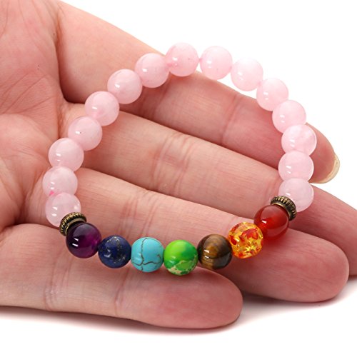 Pulsera de cuarzo rosa para mujeres Jovivi de 7 chakras, curativa y equilibradora, para reiki y yoga