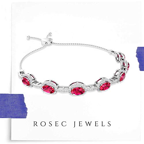 Pulsera de estación llena de cristal de rubí de forma ovalada, Halo Moissanite GH-VS1 con claridad de color, 10K Oro rosa 6 Inches