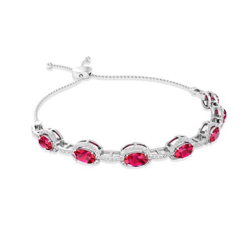 Pulsera de estación llena de cristal de rubí de forma ovalada, Halo Moissanite GH-VS1 con claridad de color, 10K Oro rosa 6 Inches