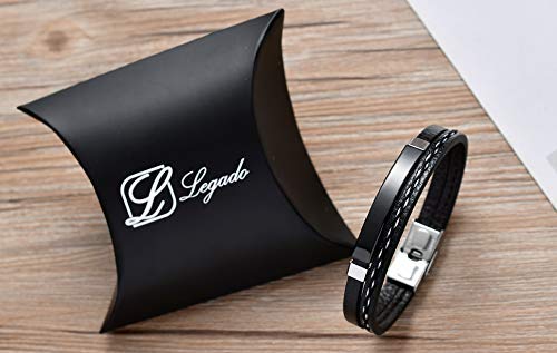 Pulsera hombre Legado, en cuero pu y acero inoxidable, brazalete vikingo chico negra combinable con anillo pendiente collar colgante o tobillera muñequera personalizable (BLACK 21,5)